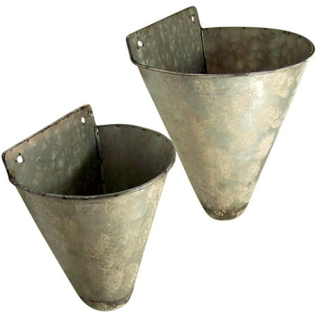 11 3/4 Inch Primitive Distressed Galvanized Cone Shaped Bucket Wall Planters 